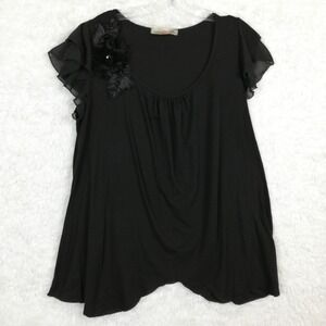 Ensemble Womens Blouse Top Ruffle Sleeve Floral Applique Black Plus 1X